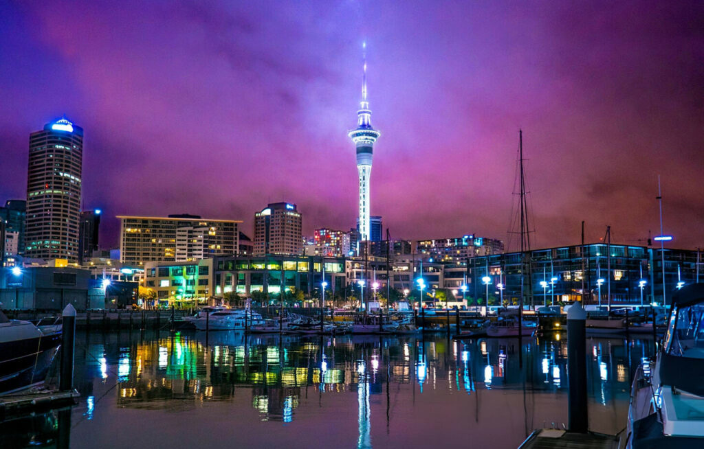 City night lights of Auckland City with vibrant lights illuminating the skyline