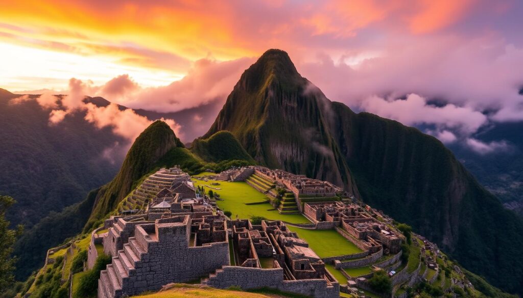 Majestic view of Machu Picchu ruins with terraced fields and surrounding mountains