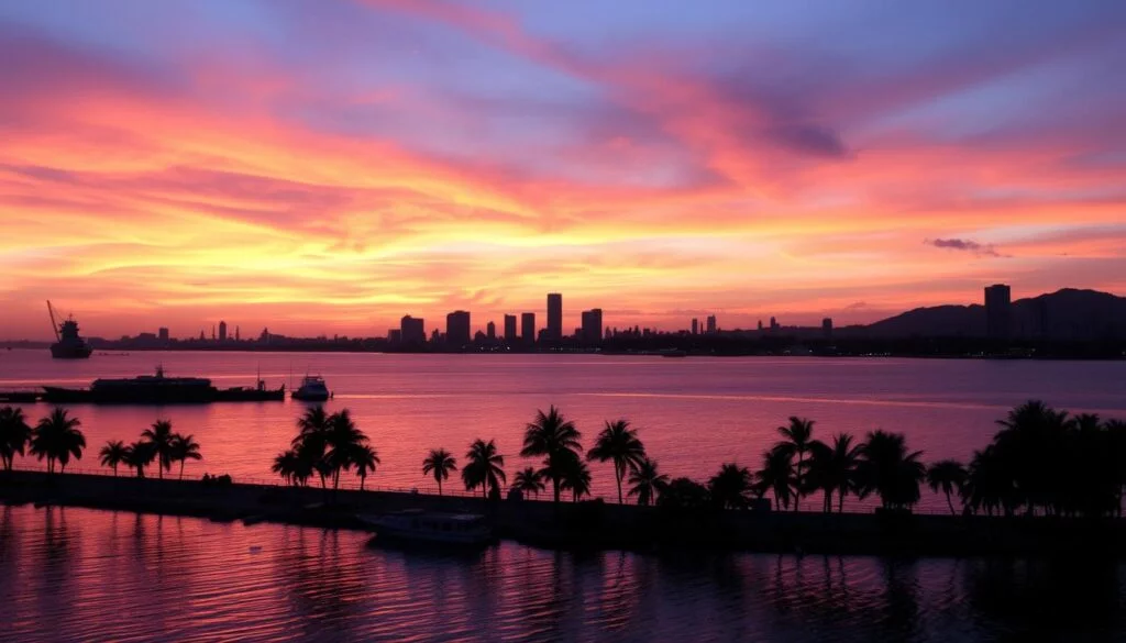 Sunset over Manila Bay, Philippines with vibrant colors reflecting on the water and silhouettes of boats and palm trees in the foreground