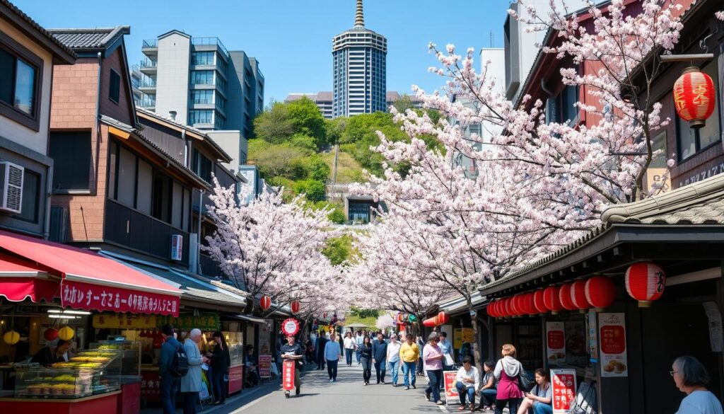 A bustling Tokyo neighborhood with traditional shops, narrow streets, and modern high-rise buildings in the background