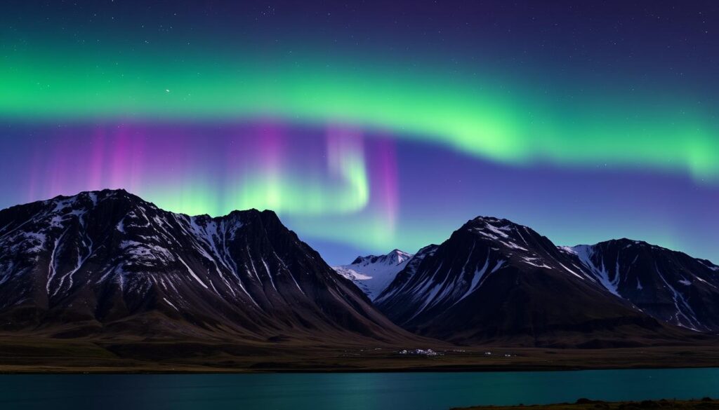 Northern Lights (Aurora Borealis) over a snowy landscape in Iceland, with vibrant green and purple colors dancing across the night sky