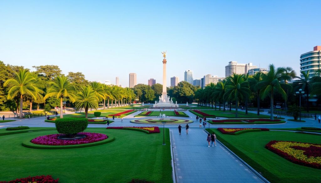 Statue of José Rizal at Rizal Park with greenery and skyline in the background