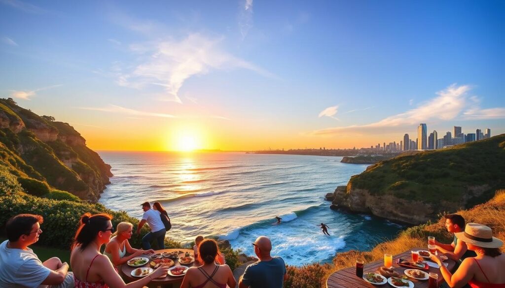 A scenic view of the Bondi to Coogee coastal walk, showcasing rugged cliffs, sandy beaches, and the turquoise ocean