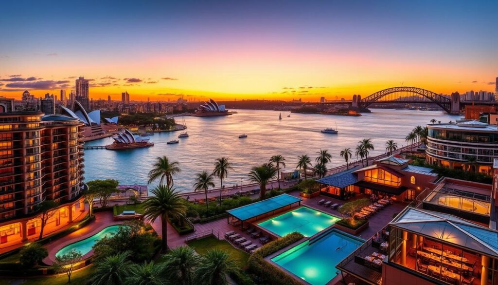 A collection of luxury and boutique hotels in Sydney, including modern high-rises and elegant historic buildings, with views of the city skyline and harbor