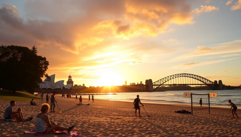 People enjoying outdoor activities in Sydney, such as surfing at Bondi Beach, hiking coastal trails, and kayaking in the harbour, with a backdrop of stunning natural scenery