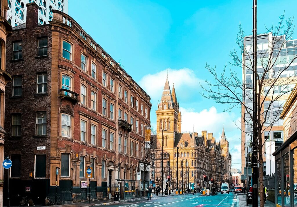 Manchester cityscape with modern buildings and historical architecture