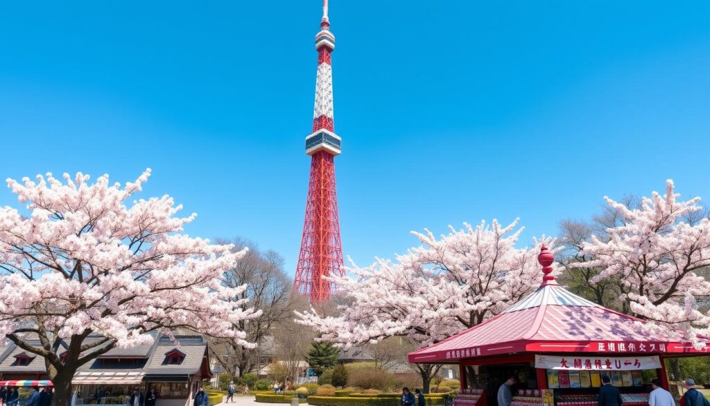 Tokyo Tower standing tall against a clear blue sky, surrounded by modern skyscrapers in Tokyo's bustling cityscape