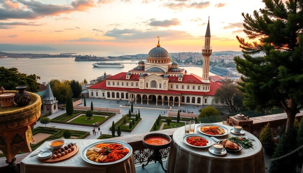 A richly decorated room in Topkapi Palace, Istanbul, Turkey, featuring a traditional Turkish feast laid out on an ornate table, with an array of colorful dishes, including kebabs, meze, and pastries, set against the palace’s opulent decor