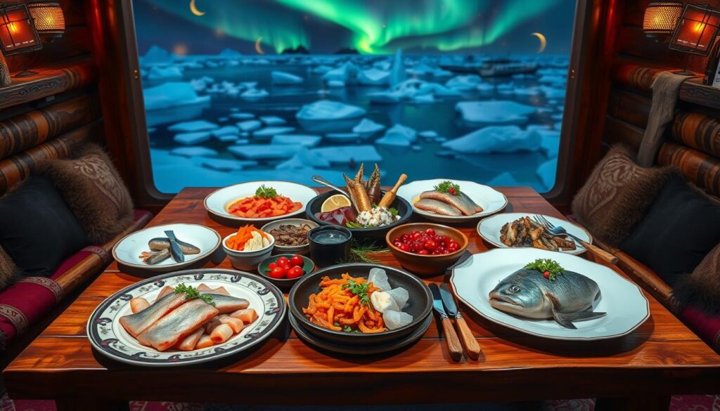 A variety of traditional Inuit dishes, including seal meat, whale blubber, and Arctic char, beautifully arranged on a plate with garnishes