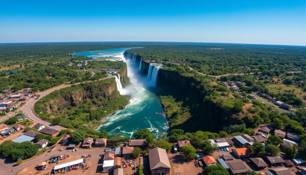 victoria falls town A scenic view of Victoria Falls Town, showcasing its lush surroundings and proximity to the famous Victoria Falls waterfall