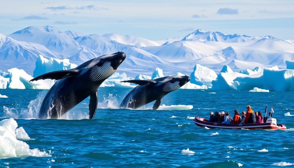 A whale breaching the surface of the sea near Ilulissat, Greenland, with the dramatic icebergs of the Ilulissat Icefjord in the background