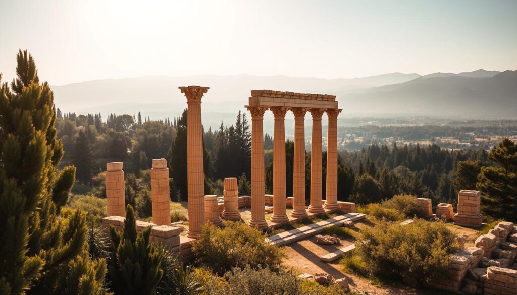Baalbek ruins The majestic ruins of Baalbek, featuring well-preserved Roman temples and columns surrounded by lush greenery against a clear blue sky.