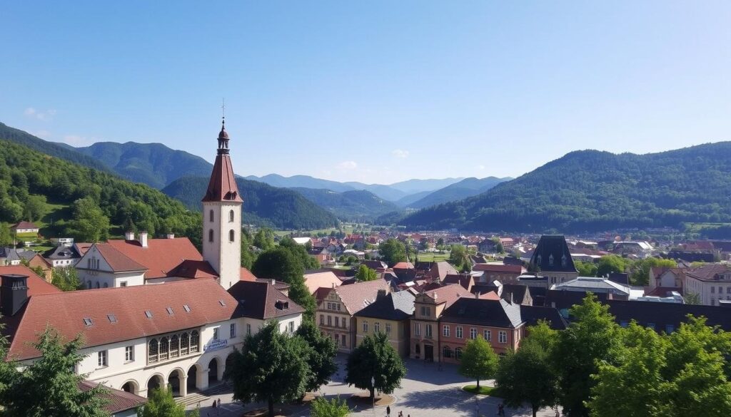 Panoramic view of Banská Bystrica showcasing its historic architecture and surrounding mountains