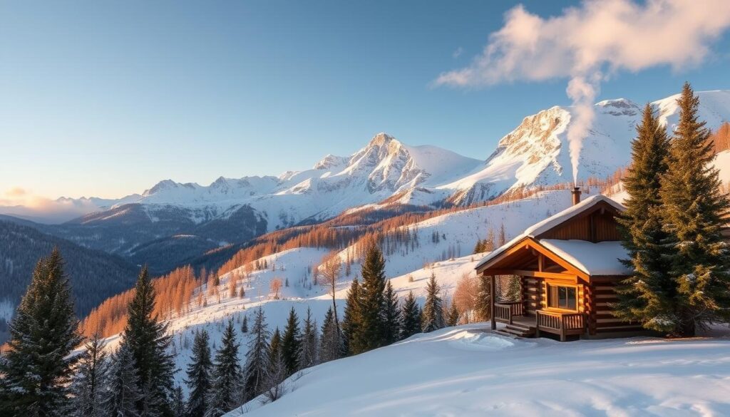A scenic view of Bansko, Bulgaria, showcasing its charming architecture surrounded by snow-capped mountains