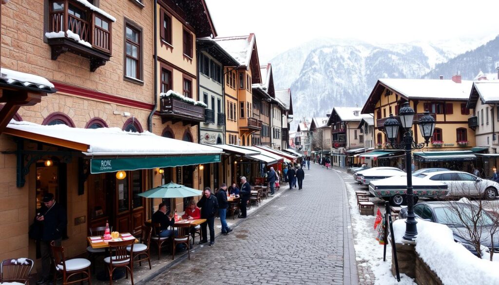 Bansko Town Center The bustling town center of Bansko, Bulgaria, featuring shops, cafes, and traditional architecture amidst scenic mountain views