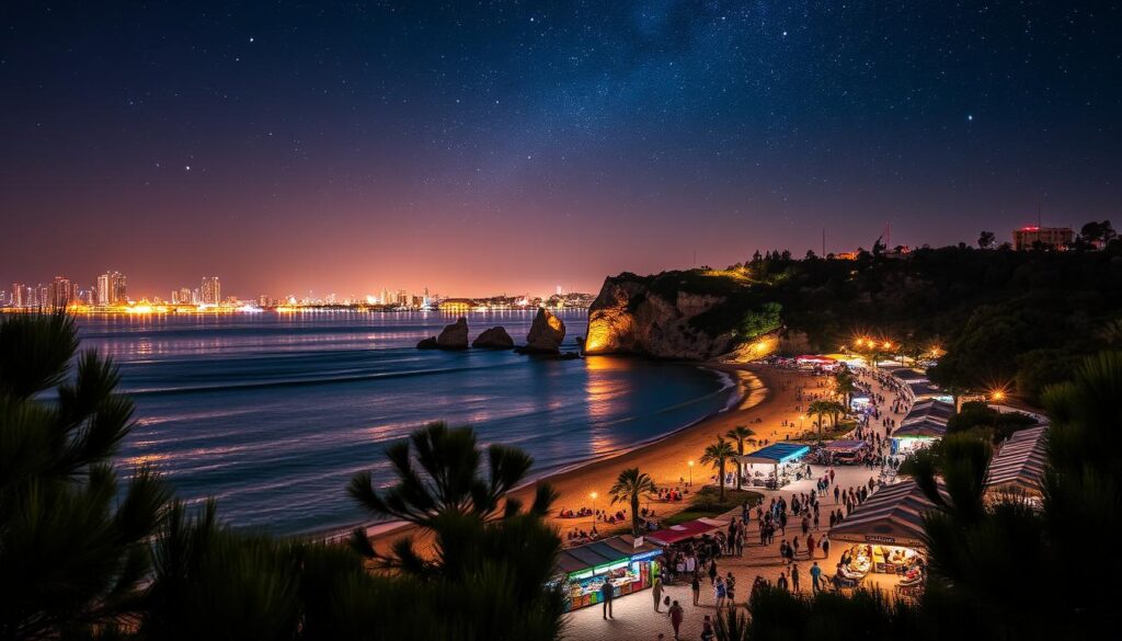 Beirut nightlife A lively scene of Beirut nightlife, featuring illuminated streets, vibrant bars, and people enjoying the evening atmosphere against a backdrop of modern architecture.