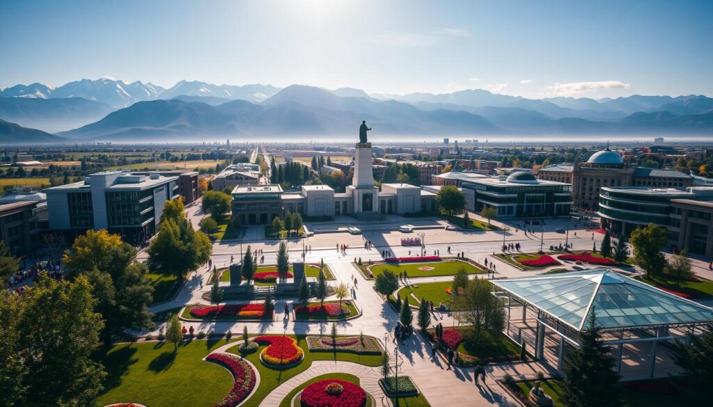 A panoramic view of Bishkek City, showcasing modern buildings, green parks, and the backdrop of the Tien Shan mountains