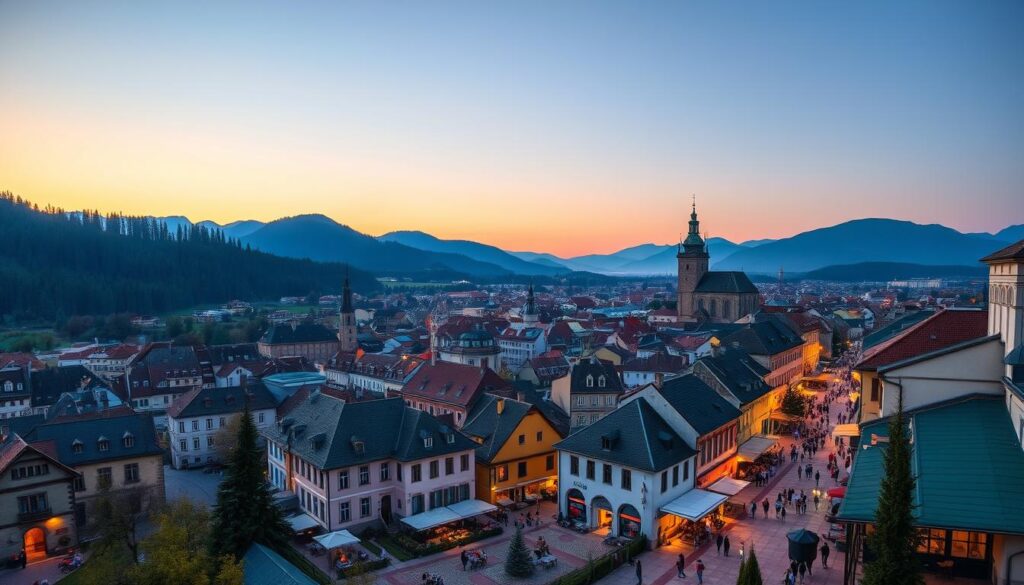 A panoramic view of Brașov City, Romania, showcasing its medieval architecture, the Black Church, and the surrounding Carpathian Mountains