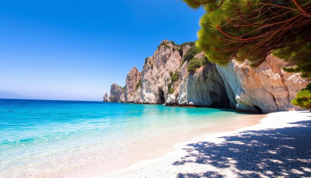 Cala Goloritzé Beach in Sardinia, Italy, with its iconic turquoise waters, cliffs, and rocky shoreline