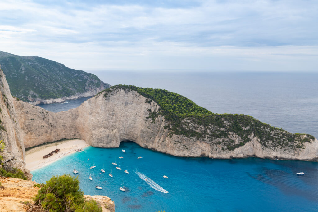 Coast of Zakynthos in the Ionian Islands of Greece with rocky cliffs and turquoise waters