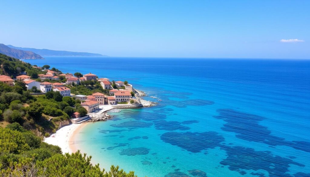 A panoramic view of Dhërmi Village, showcasing its charming white buildings against the backdrop of the turquoise sea and mountains