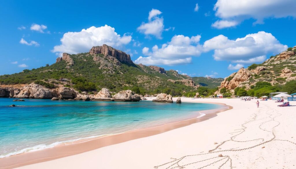 Elafonissi Beach in Crete, Greece, with unique pink sand, turquoise waters, and scenic coastal views
