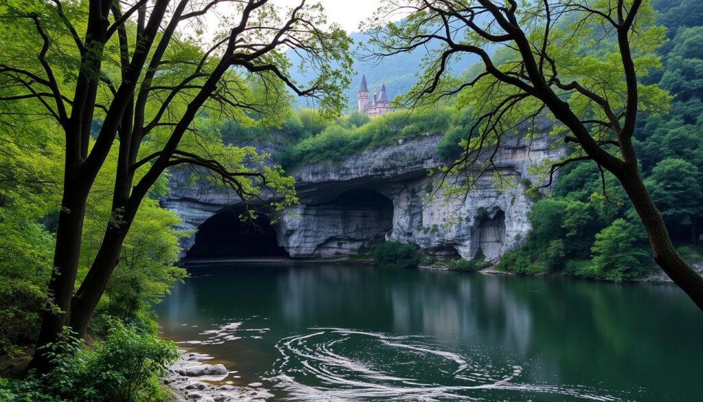 The entrance of Gutmanis Cave in Sigulda, Latvia, surrounded by lush greenery and rock formations