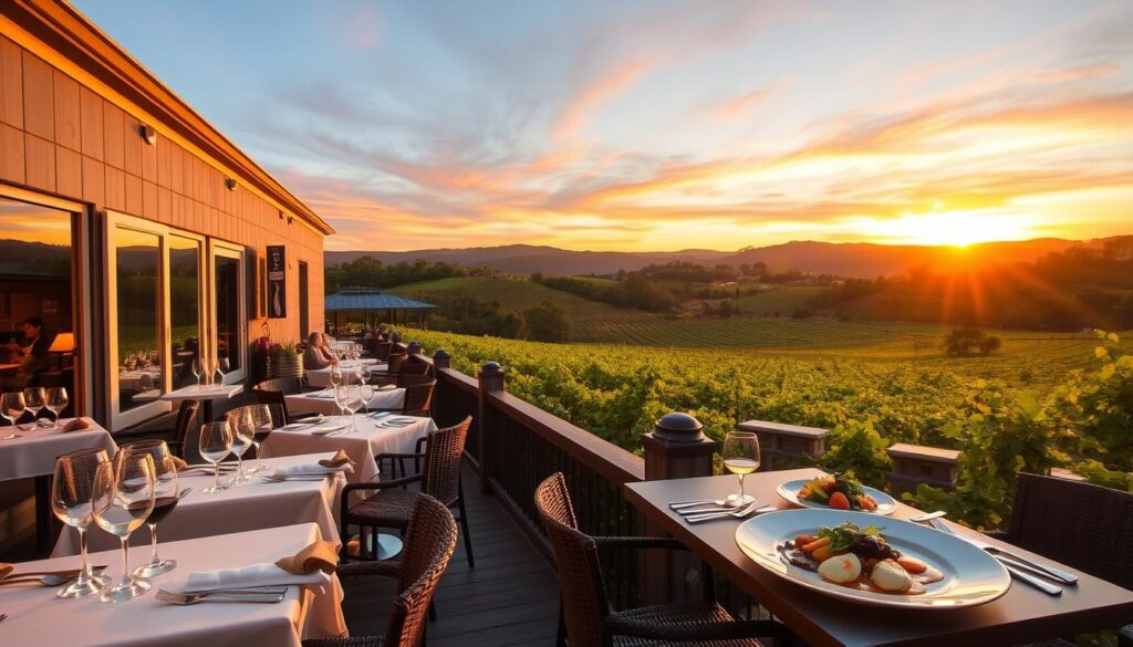 Hunter Valley Restaurants Elegant dining setup at a restaurant in Hunter Valley, featuring outdoor seating with views of vineyards and a beautifully set table with gourmet dishes