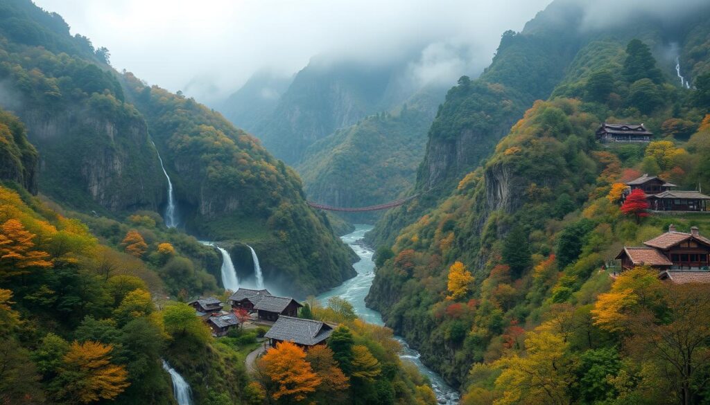 Scenic view of Iya Valley, Japan, with lush greenery, mist-covered mountains, and a vine bridge crossing the river below