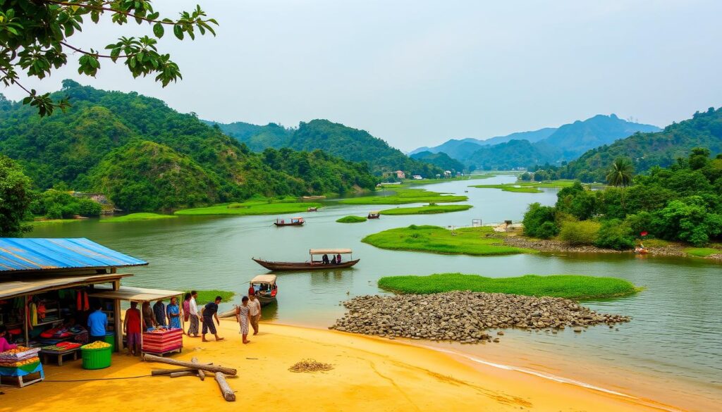 A panoramic view of Jaflong City, Bangladesh, showcasing the lush greenery, the Dawki River, and the surrounding hills.