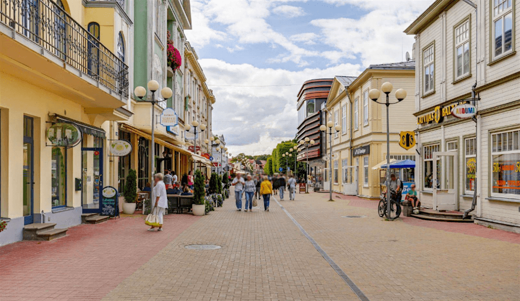 Charming street scene in Jūrmala, Latvia and colorful buildings