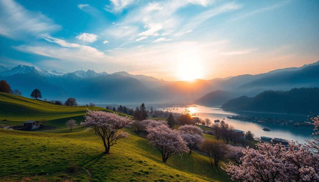 Breathtaking landscape of Kashmir Valley, India, featuring lush green meadows, snow-capped mountains, and blooming flowers