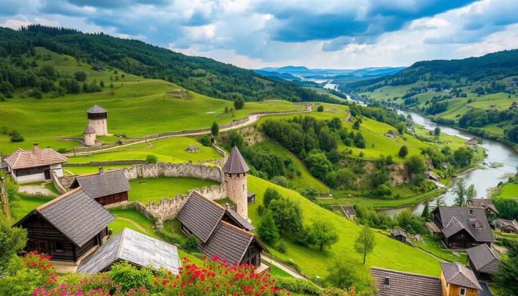 A panoramic view of Kernavė, Lithuania, showcasing its historic landscape, archaeological sites, and lush greenery.