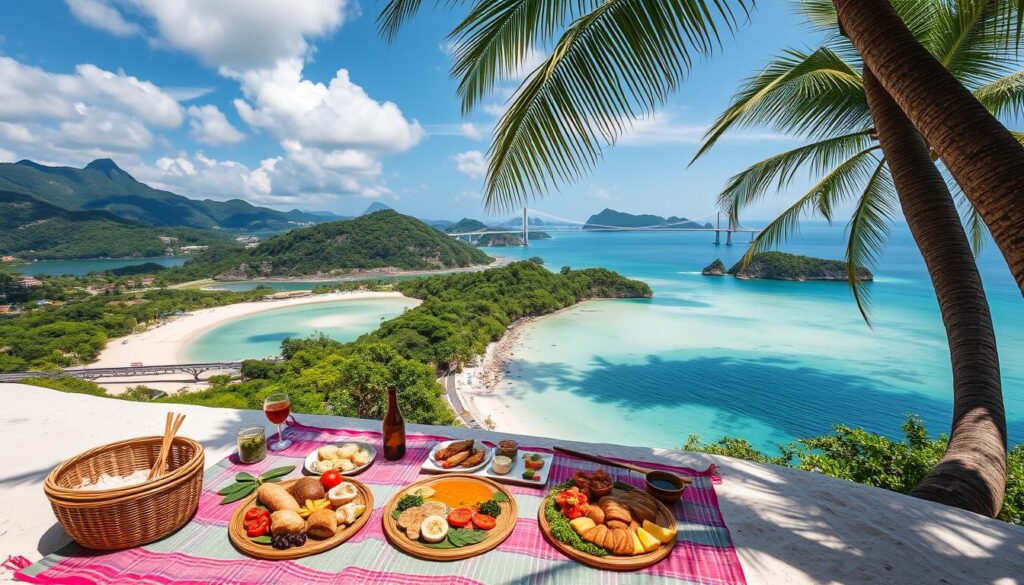Aerial view of Langkawi Archipelago with lush green islands and turquoise waters