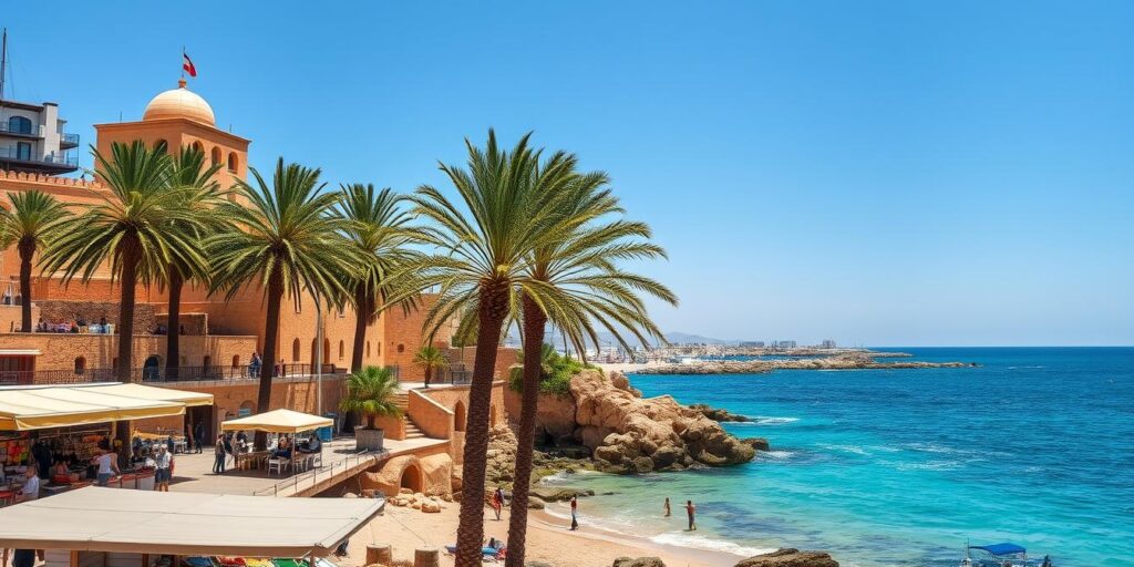 A panoramic view of Monastir city, showcasing its coastline, marina, and historic architecture.