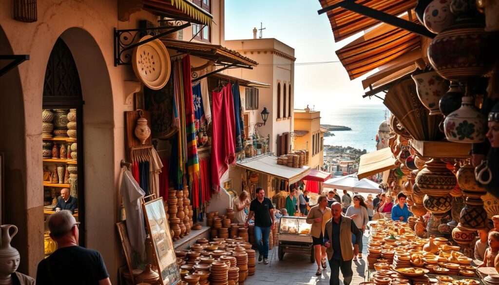 Monastir souks A vibrant souk in Monastir, filled with colorful textiles, handicrafts, and local vendors.