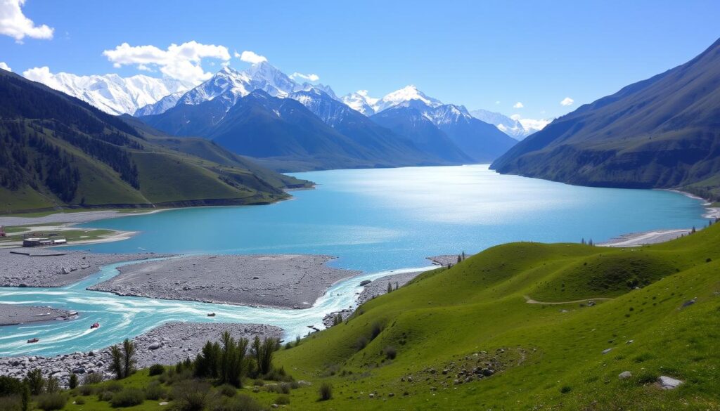 A breathtaking panoramic view of Naran, Pakistan, showcasing lush green mountains, clear blue skies, and the serene Kaghan River.