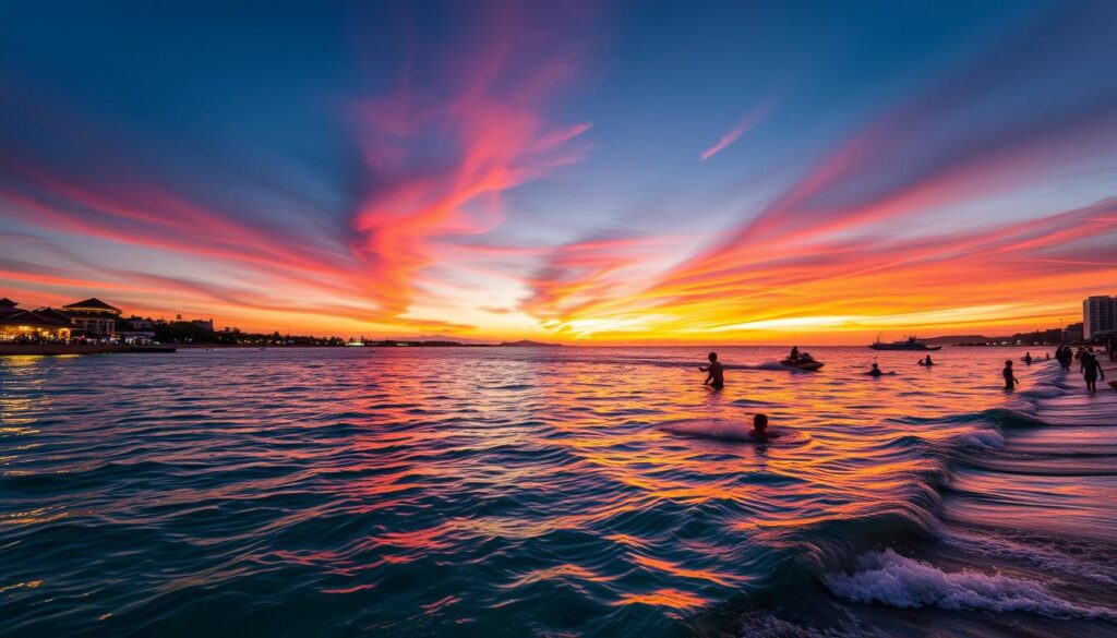 A panoramic view of Preah Sihanouk City, showcasing its beautiful beaches, vibrant atmosphere, and coastal scenery