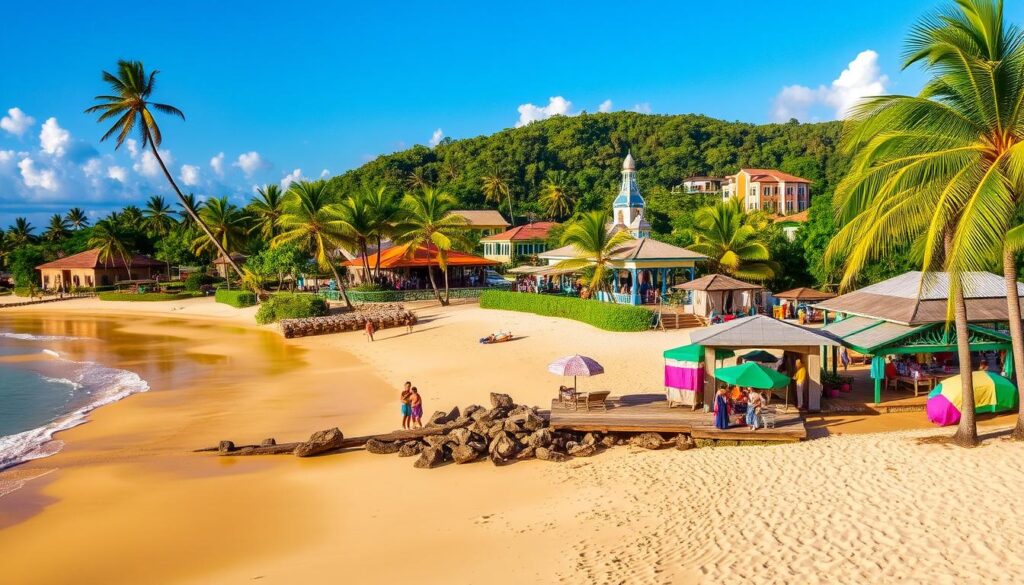 Aerial view of Puerto Cortés, Honduras, showcasing the bustling port, beaches, and surrounding landscape.