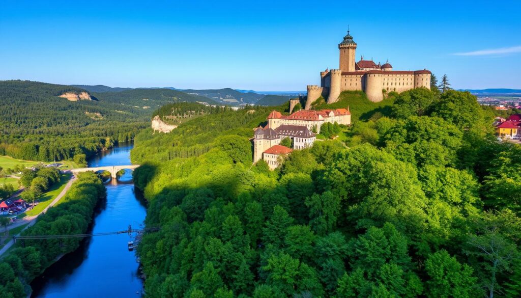 Aerial view of Sigulda town in Latvia, showcasing its picturesque landscapes and historic castles
