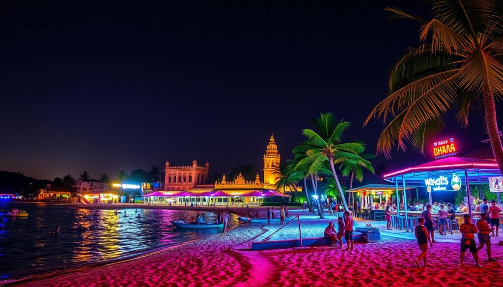 A lively scene of Sihanoukville's nightlife, featuring illuminated bars, restaurants, and people enjoying the vibrant atmosphere