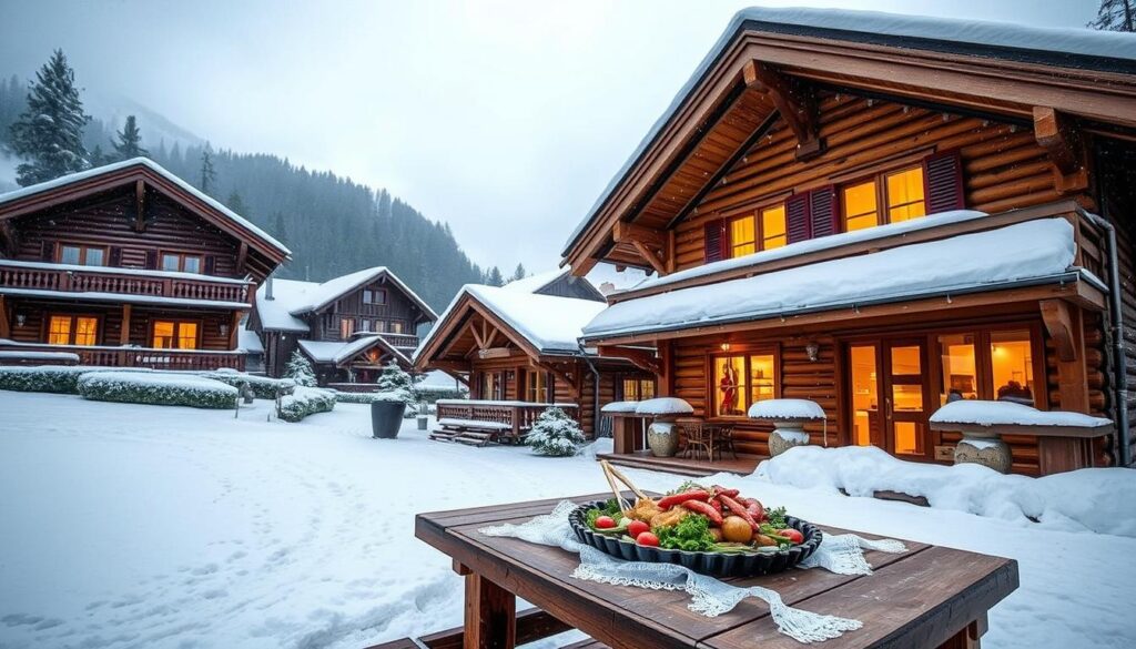 bansko chalets Charming wooden chalets in Bansko, Bulgaria, nestled in a snowy landscape with the Pirin Mountains in the background.
