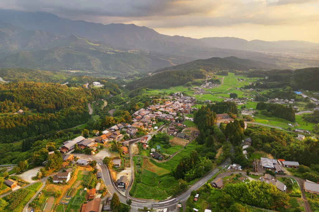 Magome village in the Kiso Valley with traditional wooden buildings, stone-paved streets, and mountain backdrop