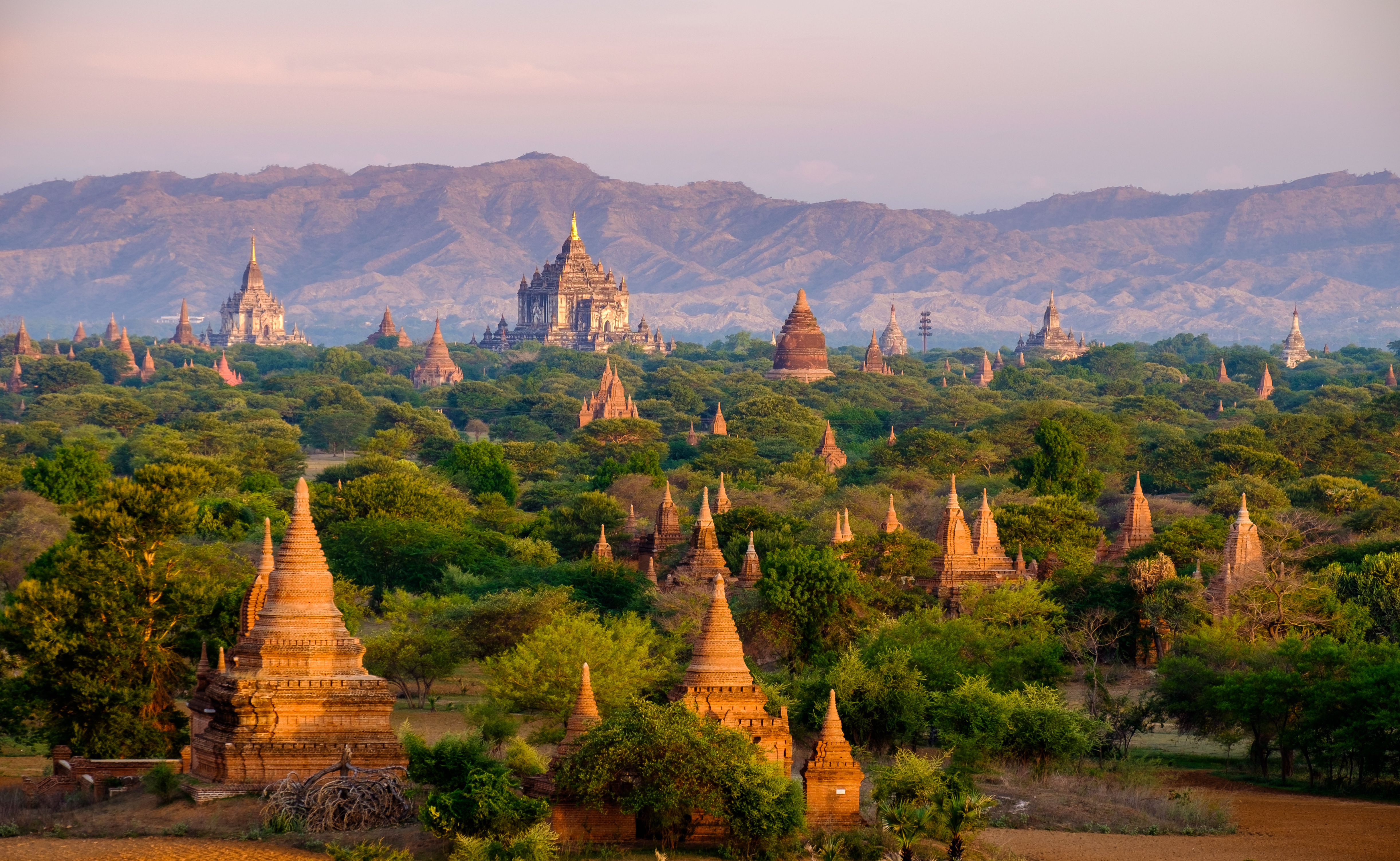 Sunrise over Bagan with silhouettes of ancient temples
