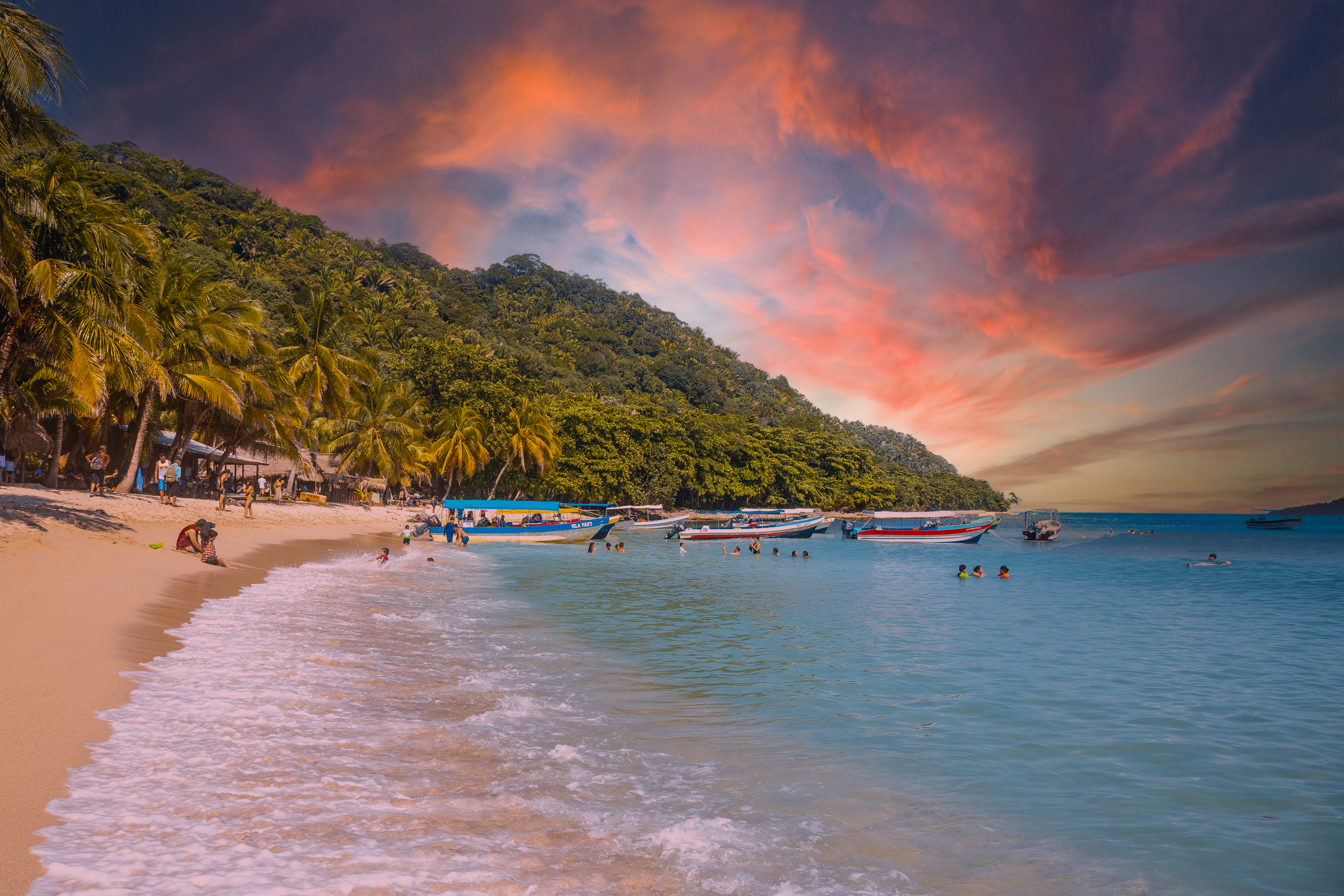 Pristine beach in Tela, Honduras, with clear turquoise waters, soft white sand, and tropical palm trees.