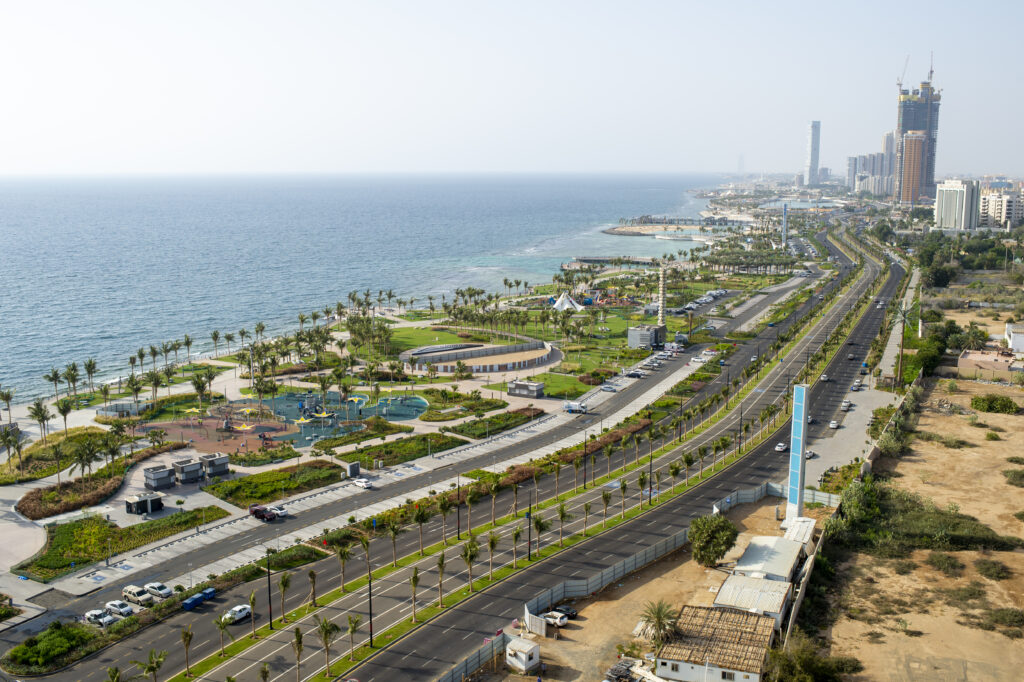 Jeddah city skyline featuring the Red Sea coastline and prominent landmarks.