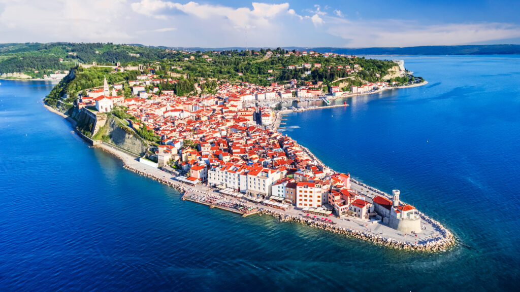 Aerial drone view of ancient Piran, Slovenia, by the Adriatic Sea