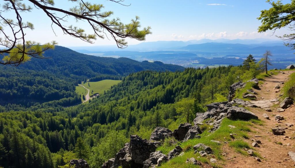 hiking trails banska bystrica Scenic hiking trail in the mountains surrounding Banská Bystrica, with lush greenery and distant peaks