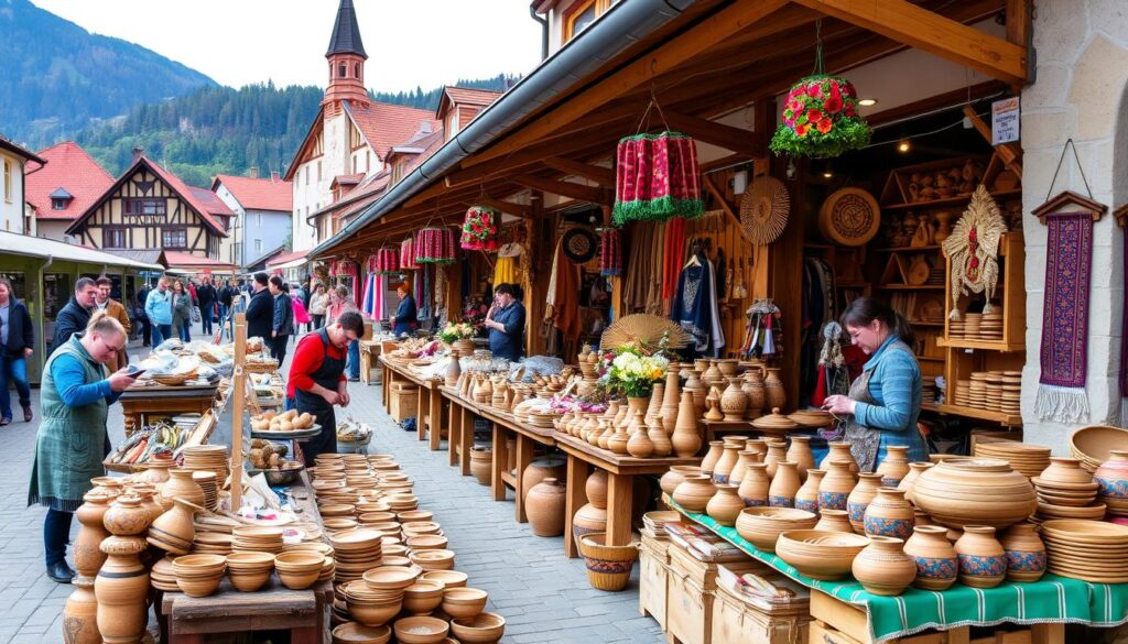 local craftsmanship Artisan displaying handmade pottery and traditional crafts at a local market in Banská Bystrica