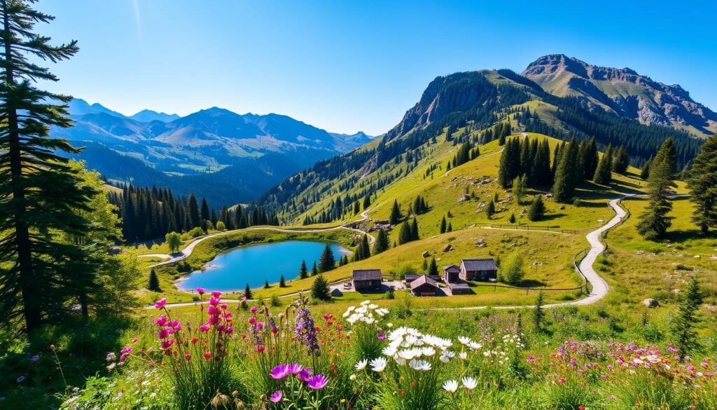 pirin national park Stunning view of Pirin National Park in Bulgaria, featuring majestic mountains, lush greenery, and a clear blue sky.